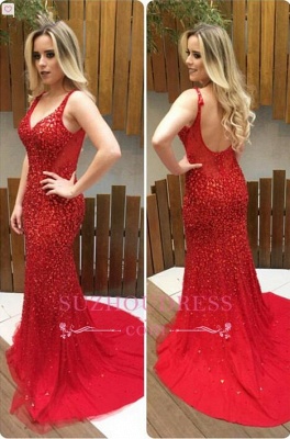 Backless Long Red Crystals Mermaid V-Neck Prom Dresses_3