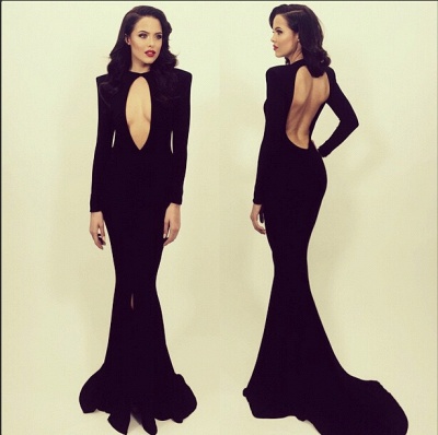 Long Sleeve Black Mermaid Evening Dress  with Open Back and Slit BA4711_3