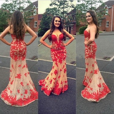 Sexy Sheath Red Lace Appliques Open Back Champagne Tulle Prom Dresses_3