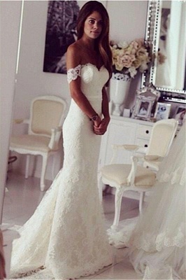 Elegant Mermaid Wedding Dresses  Off-the-shoulder Slinky Lace Wedding Gown BA3864_1