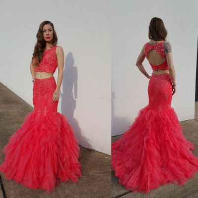 Latest Mermaid Two Piece  Prom Dresses Sexy Lace Open Back Evening Gowns_3