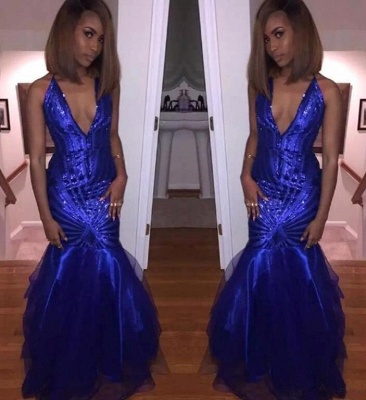Sexy Royal Blue Mermaid V-Neck Sleeveless Prom Dresses  Sequins Evening Gowns_3