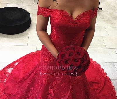 Lace Sexy Court Train Off-the-shoulder Prom Dress  Red Mermaid Evening Dresses_3