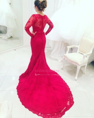 Court Train Long Sleeves Mermaid Prom Dresses Appliques High Neck Lace Red Evening Dresses_1