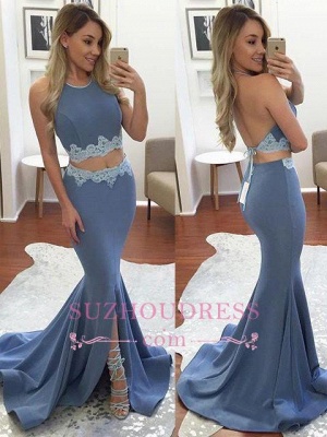 Mermaid Appliques Sexy Front-Split Halter Two-Pieces Backless Prom Dress BA4779_2