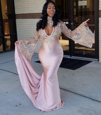 Sexy Pink V-Neck Mermaid Prom Dresses  Long Sleeves Appliques Evening Dresses with Choker SK0087_3