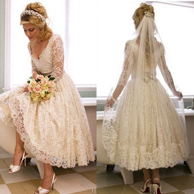 A-Line V-Neck 3/4 Long Sleeve Lace Wedding Dress New Arrival Tea Length Plus Size Bridal Gown BA6794_2