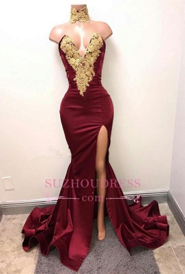 Lace Appliques Mermaid Burgundy Evening Gown  Front Split High Neck Sexy Prom Dress BA5998_2
