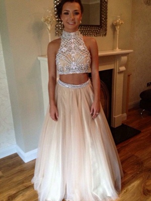 High Collar Two Pieces Crystal Prom Dress A-Line Halter Beadings Tulle Evening Gown_1