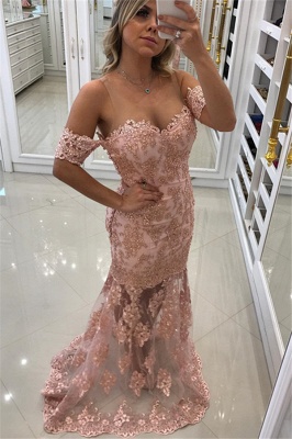 Elegant Off-the-Shoulder Pink Mermaid Prom Dresses  Appliques Evening Gowns with Beadings_1