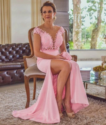 Pink Sheath Lace Evening Dresses | Cap Sleeves Open Back Side Slit Formal Dress_4