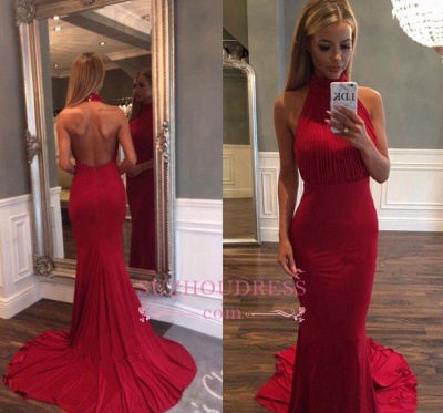 Court Train Simple Prom Dress  Backless Ruffles Red Mermaid Evening Gowns_1