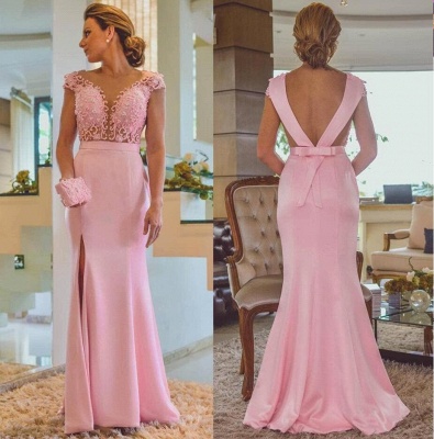 Pink Sheath Lace Evening Dresses | Cap Sleeves Open Back Side Slit Formal Dress_3