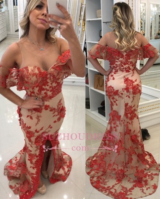 Red Appliques Mermaid Prom Dresses  | Scoop Front-Split Evening Dresses_3