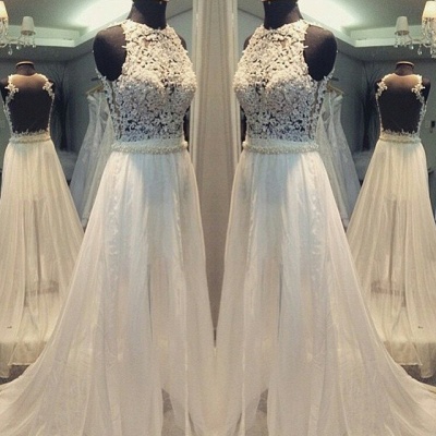 A-line Sleevess Simple Scoop Sweep-train Hollow Wedding Dress_3