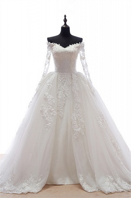 Long Sleeve Lace Wedding Dresses Off Shoulder Sheer Chapel Train Bridal Gowns_1