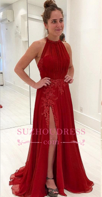 Sexy Split A-line Chiffon Evening Gowns | Sleeveless Appliques Halter Prom Dress_3