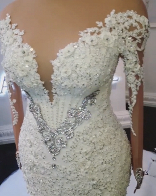 Alluring Off-the-Shoulder Mermaid Wedding Dresses Crystals Long-Sleeves Bridal Gowns Online_3