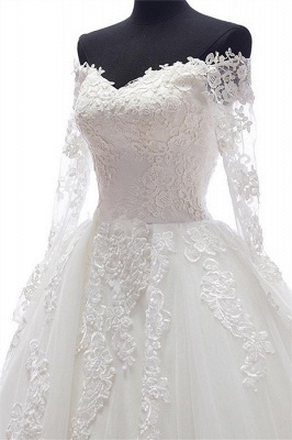 Long Sleeve Lace Wedding Dresses Off Shoulder Sheer Chapel Train Bridal Gowns_3