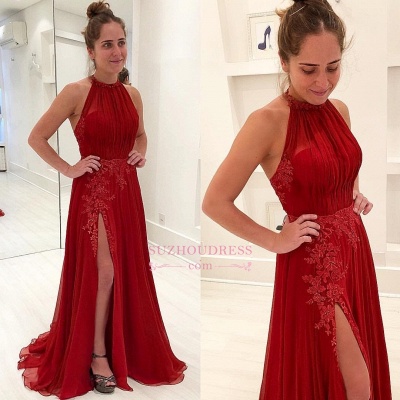 Sexy Split A-line Chiffon Evening Gowns | Sleeveless Appliques Halter Prom Dress_1