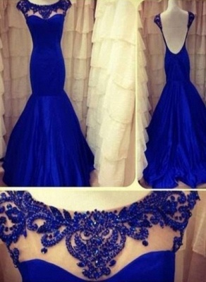 royal Blue Evening Dresses Jewel Backless Long Sleeves Lace Sheer Mermaid Satin Ruffles Prom Gown_2