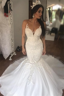 Sleeveless See Through Tulle Sexy Wedding Dresses | Mermaid Beads Appliques Bridal Dress with Long Train WE0207_1