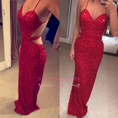 Spaghetti Straps Sequined Open Back Evening Dresses Sexy Red Sheath Prom Dress  BA3978_1