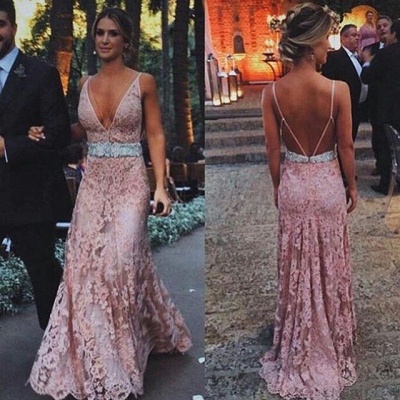 Blush Pink Lace  Evening Dresses Long Deep V-Neck Spaghetti Straps Open Back  Prom Dress BA3979_3