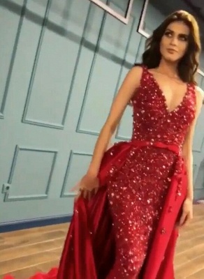 Gorgeous Red Crystal Mermaid Prom Dress Long Overskirt Evening Gowns_6