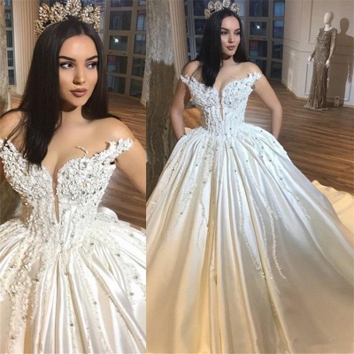 Luxury Off The Shoulder Royal Wedding Dresses Sexy | Beads Appliques Puffy Satin Wedding Dress_3