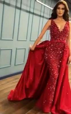 Gorgeous Red Crystal Mermaid Prom Dress Long Overskirt Evening Gowns_4