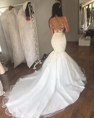 Sleeveless See Through Tulle Sexy Wedding Dresses | Mermaid Beads Appliques Bridal Dress with Long Train WE0207_3