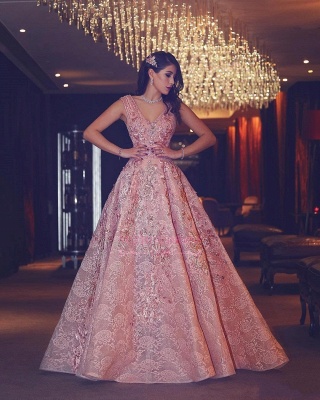 Luxury Evening Gown Flowers Puffy Pink V-Neck Beading Lace Evening Gowns_1