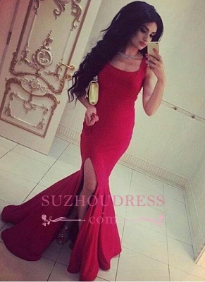 Side-Slit Straps Simple Red Mermaid Square-Neck Evening Gowns_3