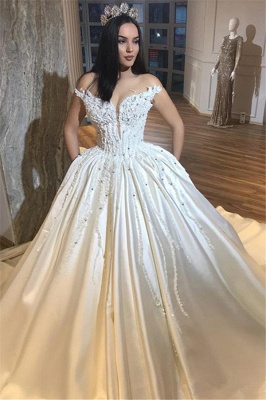 Luxury Off The Shoulder Royal Wedding Dresses Sexy | Beads Appliques Puffy Satin Wedding Dress_1