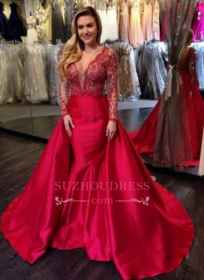 Mermaid Open Back Red Long-Sleeves Luxury V-Neck Overskirt Beading Evening Gowns_3
