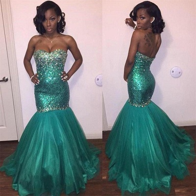 Sparkly Sequins Prom Dresses Jade Mermaid Tulle Evening Dress with Crystals BA7376_3
