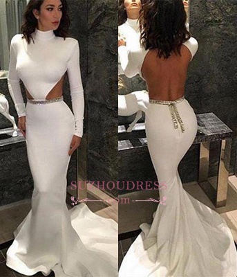 Sexy Backless White High Neck Prom Gowns Mermaid Long Sleeve  Evening Dresses BA4307_3