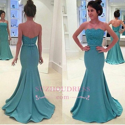 Sash Mermaid Long Green Lace Strapless Evening Gowns_1