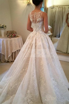 Popular  Scoop Lace A Line Wedding Dresses Applique Long Train Elegant Bridal Gowns With Buttons Back BA7479_3