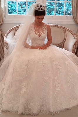 Popular  Scoop Lace A Line Wedding Dresses Applique Long Train Elegant Bridal Gowns With Buttons Back BA7479_1