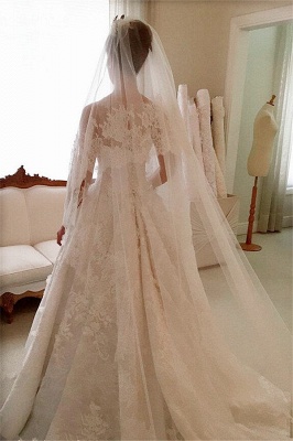 Popular  Scoop Lace A Line Wedding Dresses Applique Long Train Elegant Bridal Gowns With Buttons Back BA7479_4