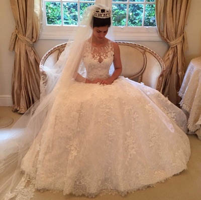 Popular  Scoop Lace A Line Wedding Dresses Applique Long Train Elegant Bridal Gowns With Buttons Back BA7479_5
