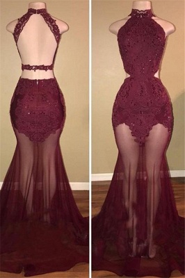 High Neck Burgundy Lace Sexy Prom Dresses  Open Back Sheer Tulle Long Evening Dress BA7713_1