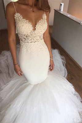 Mermaid Lace Wedding Dresses  | V-neck Straps Open Back Sexy Bridal Dresses with Tulle Train_1
