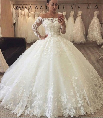 Elegant Off-the-Shoulder Long Sleeves Wedding Dresses | Tulle Appliques Bridal Gowns  with Beadings_3