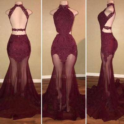 High Neck Burgundy Lace Sexy Prom Dresses  Open Back Sheer Tulle Long Evening Dress BA7713_3