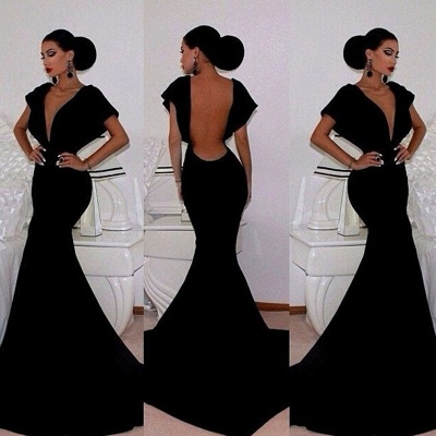 Black Velvet Prom Dresses Short Sleeve Deep V-Neck Elegant Mermaid Evening Gowns_2