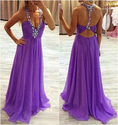Sexy Open Back Chiffon Purple Prom Dresses  Deep V-neck Evening Gown_3