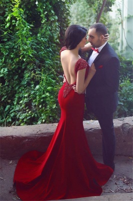 Gorgeous  Red Evening Dresses V-neck Backless Mermaid Prom Gowns MH071_4